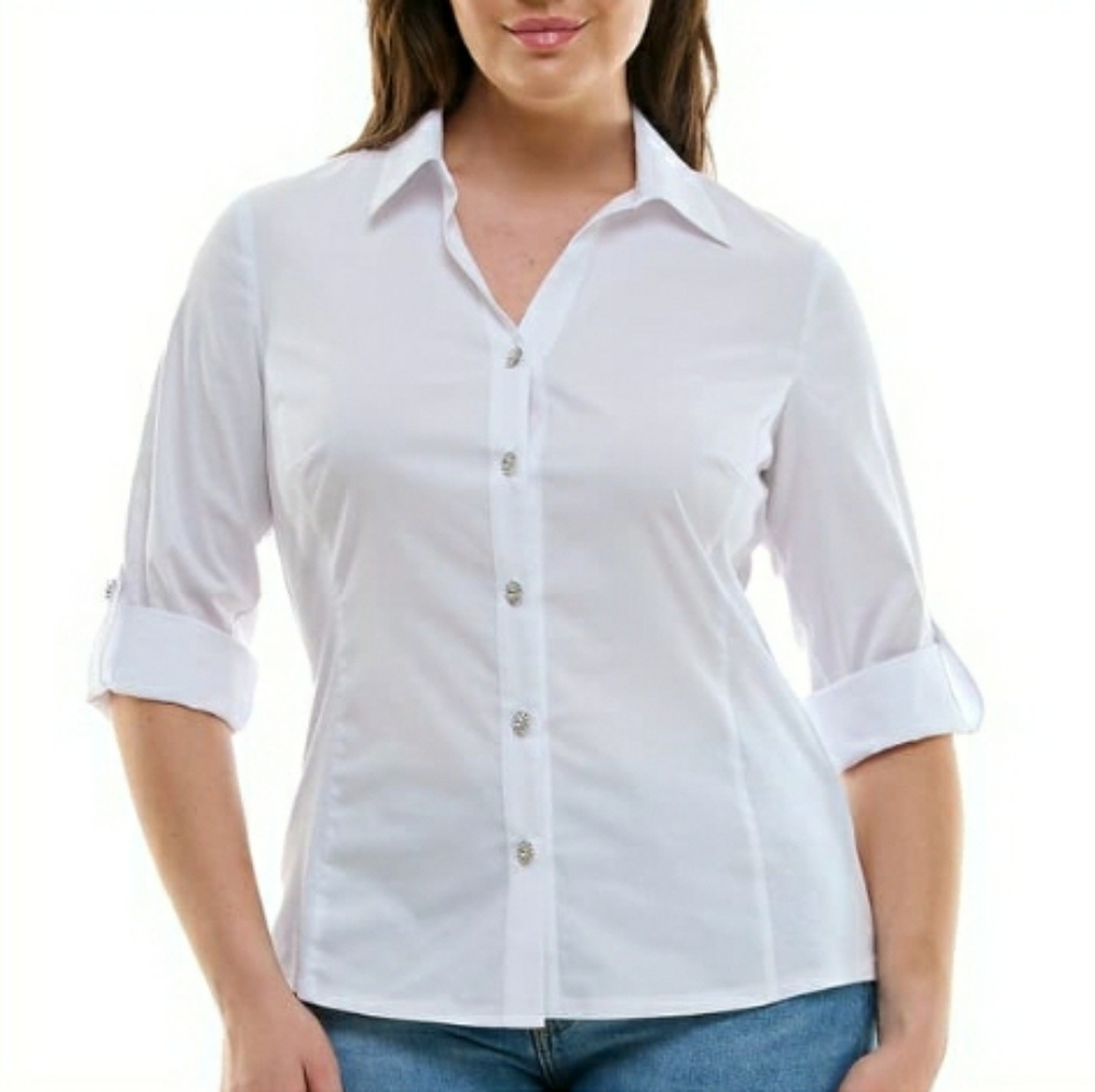 Zac & Rachel Womens White 3/4 Sleeve Jewel Casual Button Down, Size M